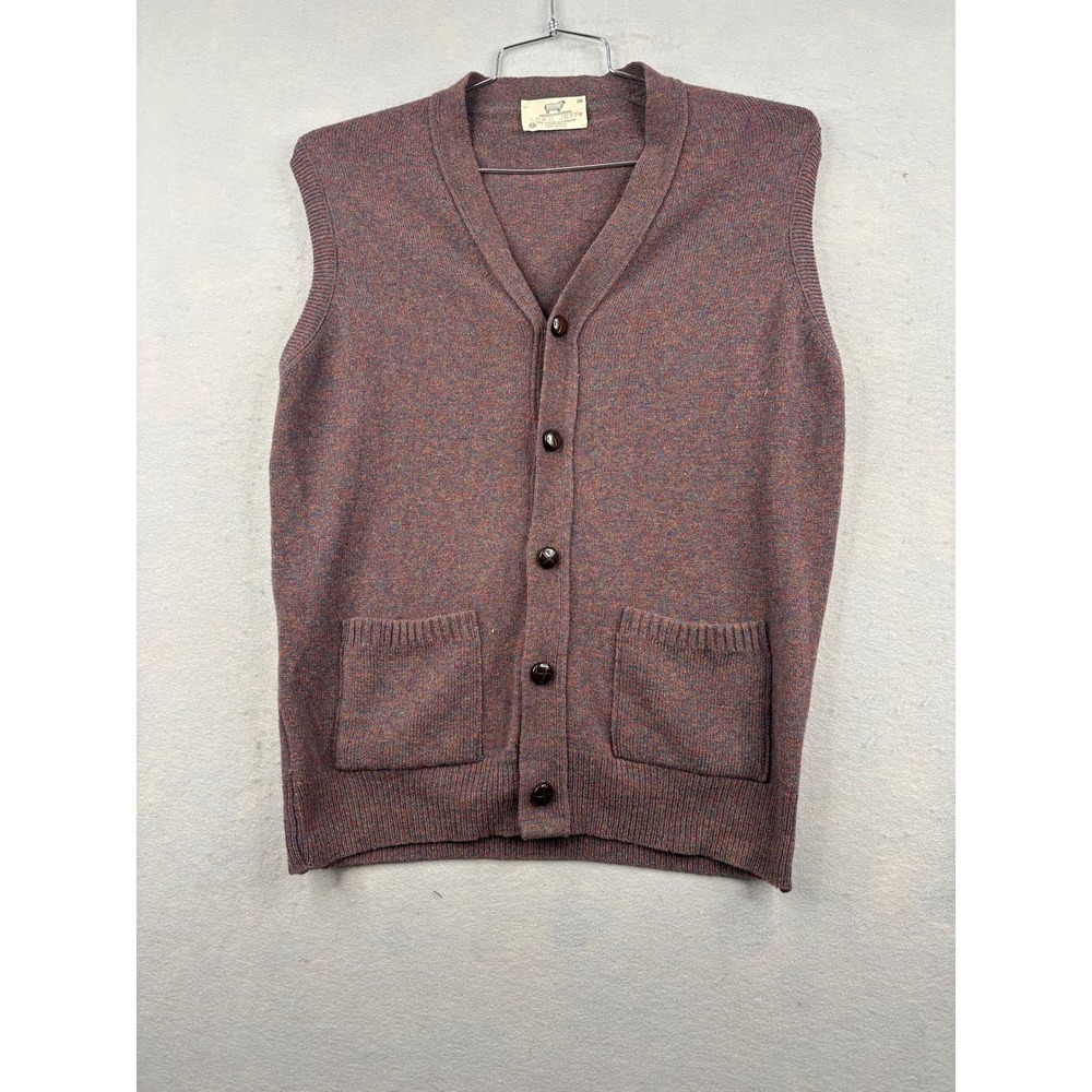 Lord Jeff Vintage Mens Lambswool Cardigan Sweater Vest Burgundy Marled Size M